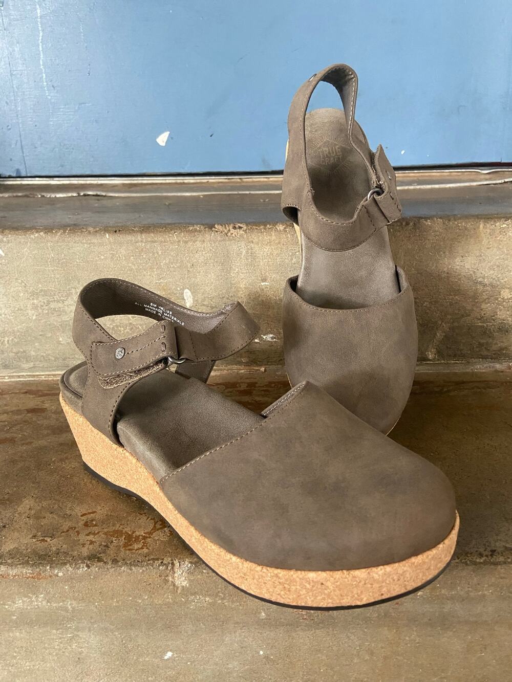 True Craft Waliss taupe closed toe sandal with cork wrapped platform wedge